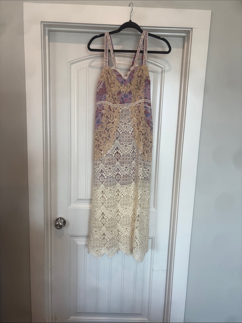 Free People Crochet Lace Maxi Dress in Cream and Lavender